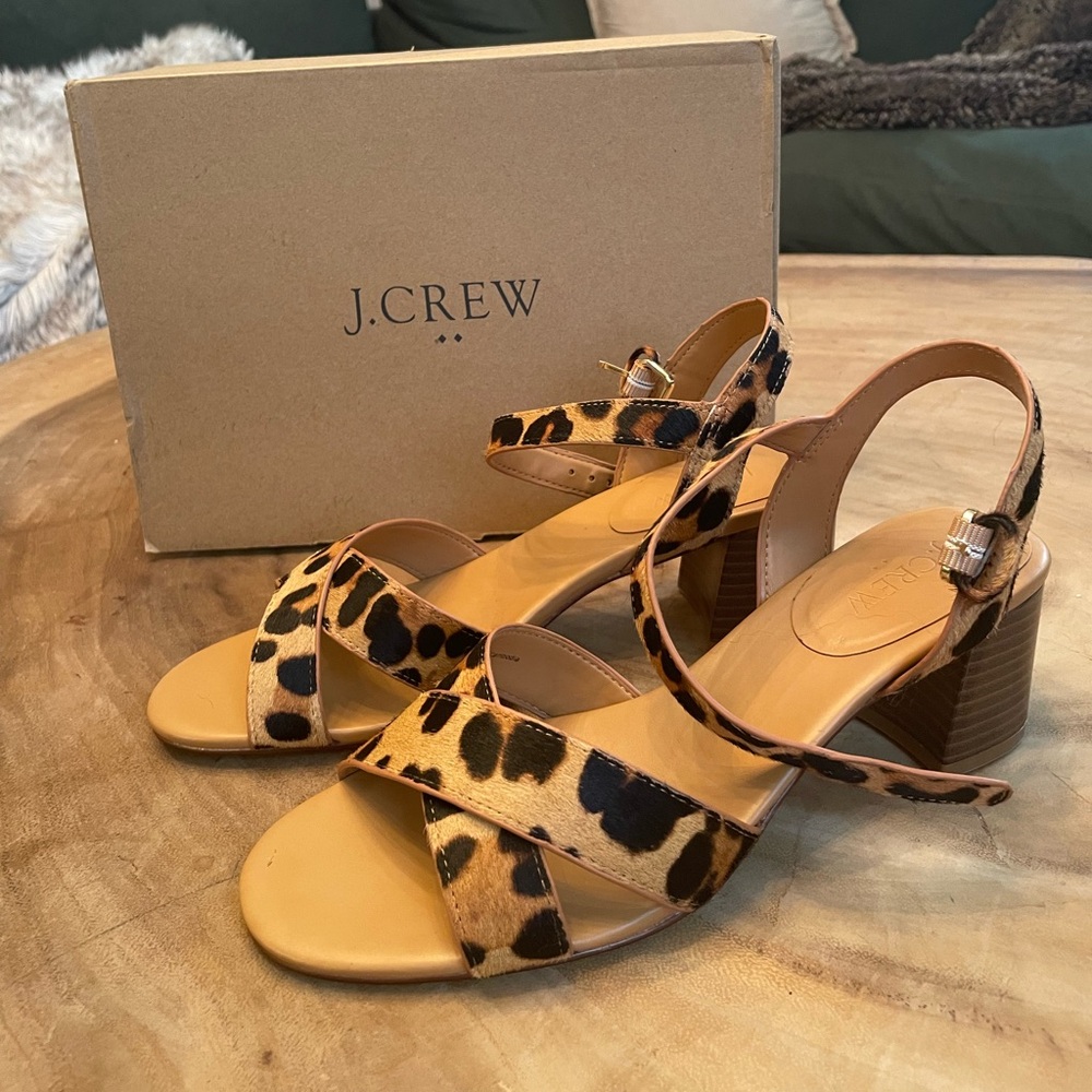 JCrew Leopard Low Block Heel Sandal - Size 8